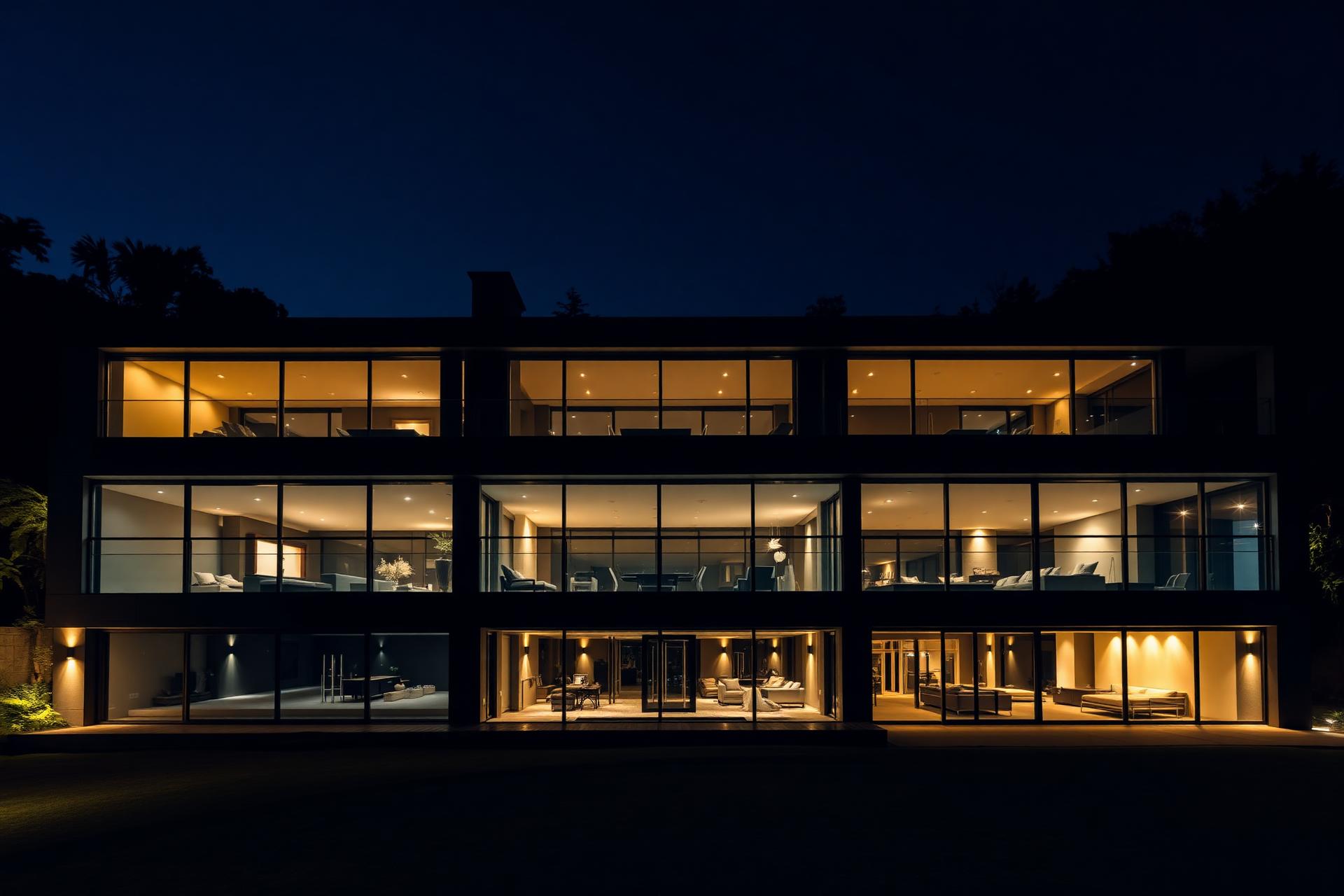 Casa moderna com grandes fachadas de vidro iluminada à noite